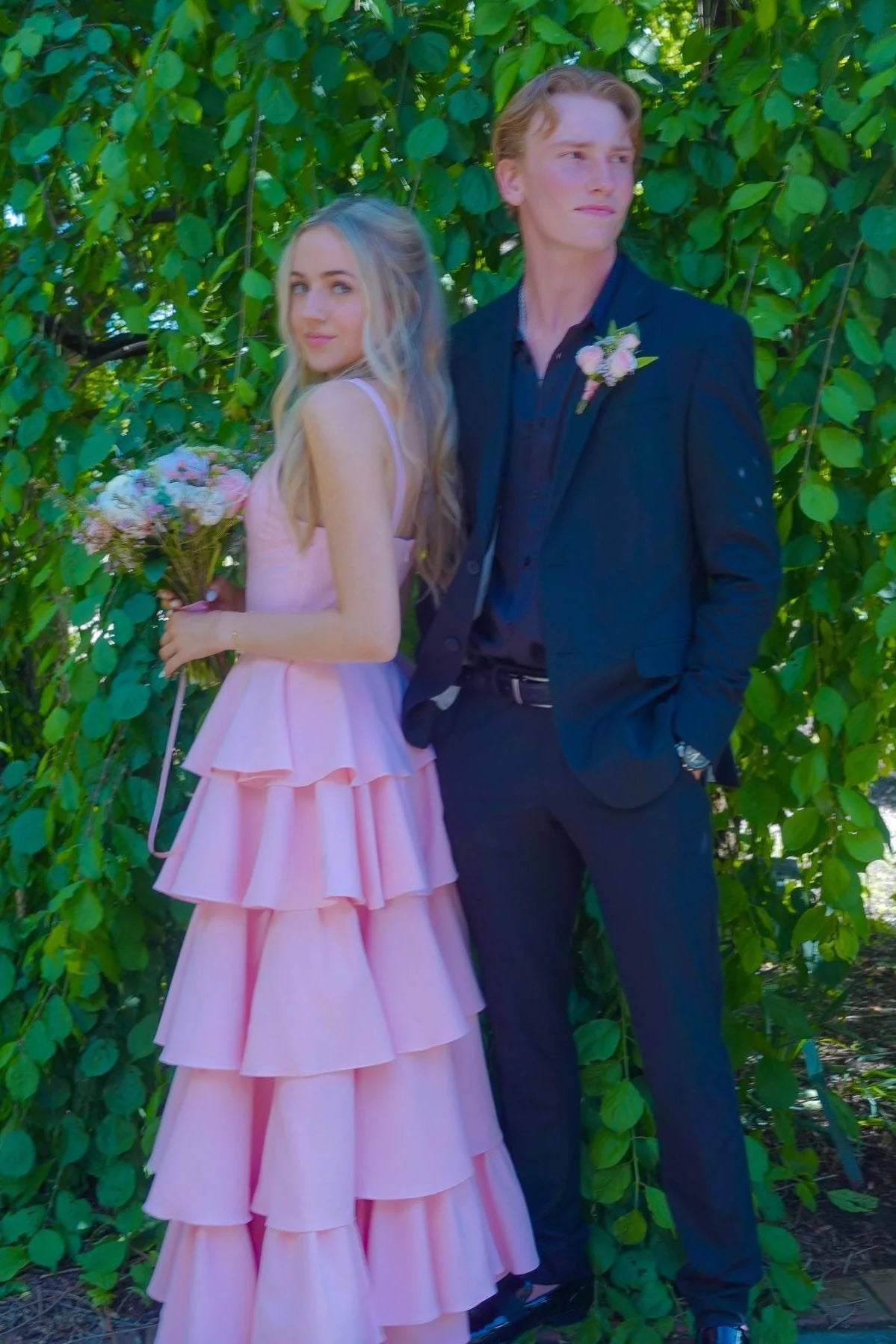 Pink Satin A-Line V-Neck Tiered Ruffle Evening Gown
