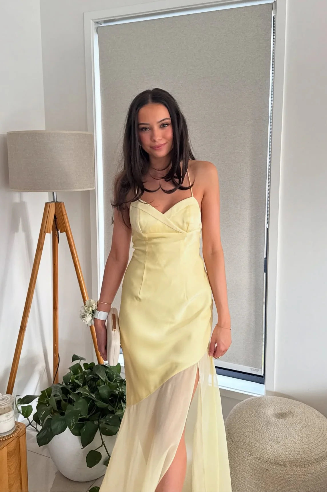 Romantic V-Neck Spaghetti Strap Satin & Chiffon Prom Dress with High Slit & Open Tie-Back in Lemon Yellow