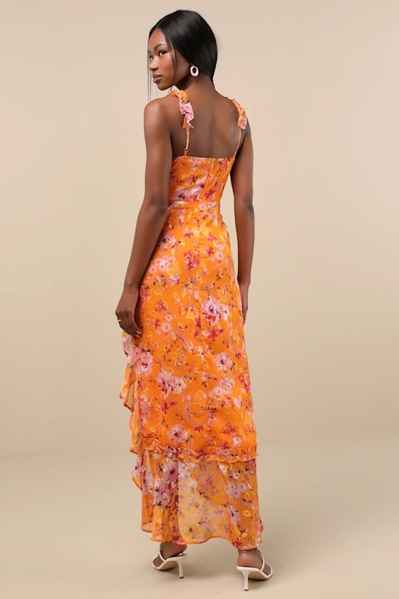 Orange Chiffon A-Line Asymmetrical Evening Dress with Ruffled Straps, Tie-Front, and High-Low Ruffled Hem