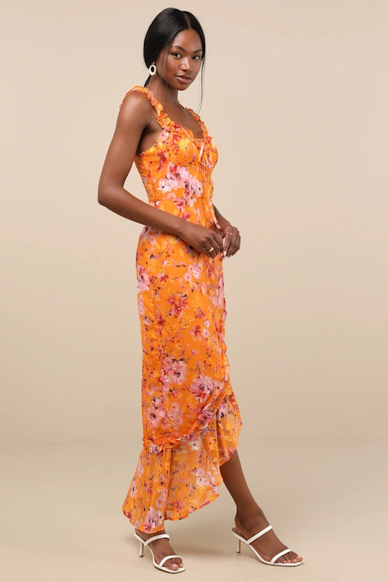 Orange Chiffon A-Line Asymmetrical Evening Dress with Ruffled Straps, Tie-Front, and High-Low Ruffled Hem