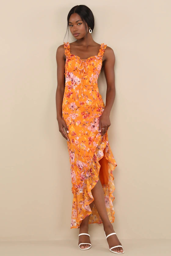 Romantic Vibrant Fitted A-Line Sweetheart Ruffle Strap Back Zip Maxi Prom Dresses