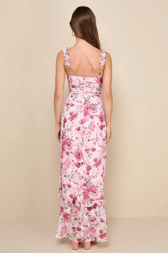 Orange Chiffon A-Line Asymmetrical Evening Dress with Ruffled Straps, Tie-Front, and High-Low Ruffled Hem