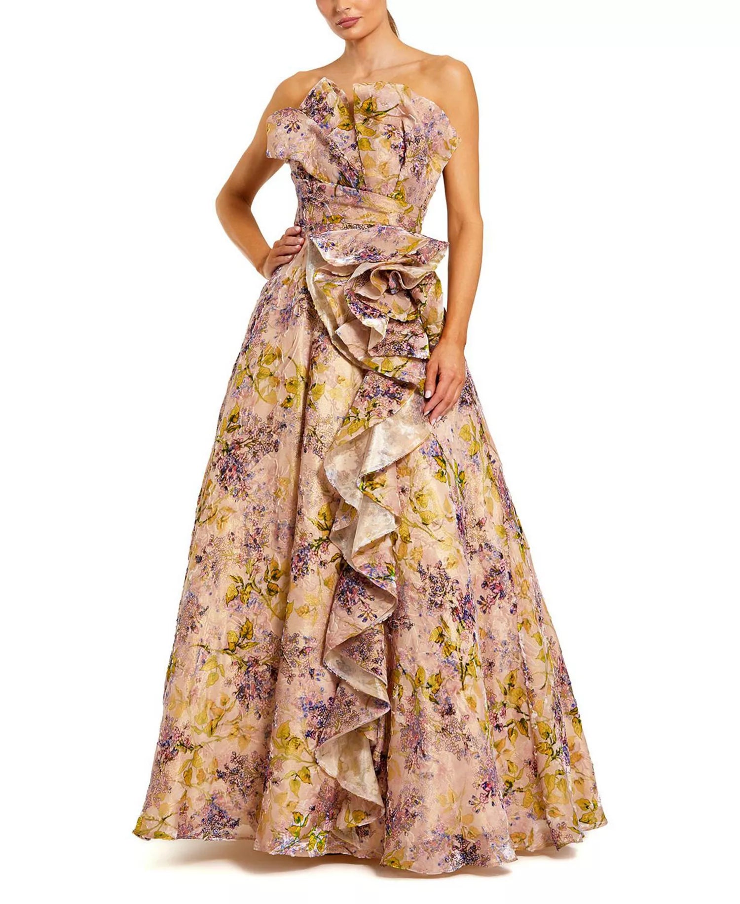 Romantic Voluminous Ball Gown Strapless Floral Jacquard Ruffle Detail Maxi Prom Dress