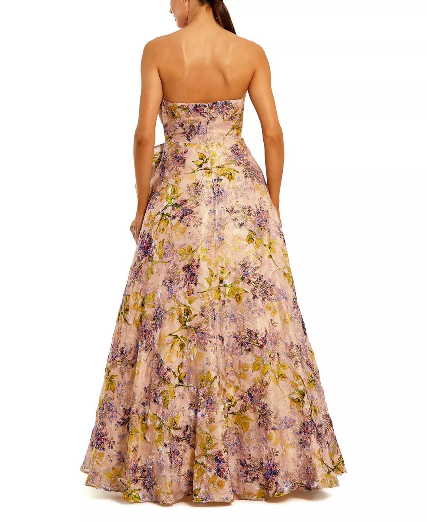 Romantic Voluminous Ball Gown Strapless Floral Jacquard Ruffle Detail Maxi Prom Dress