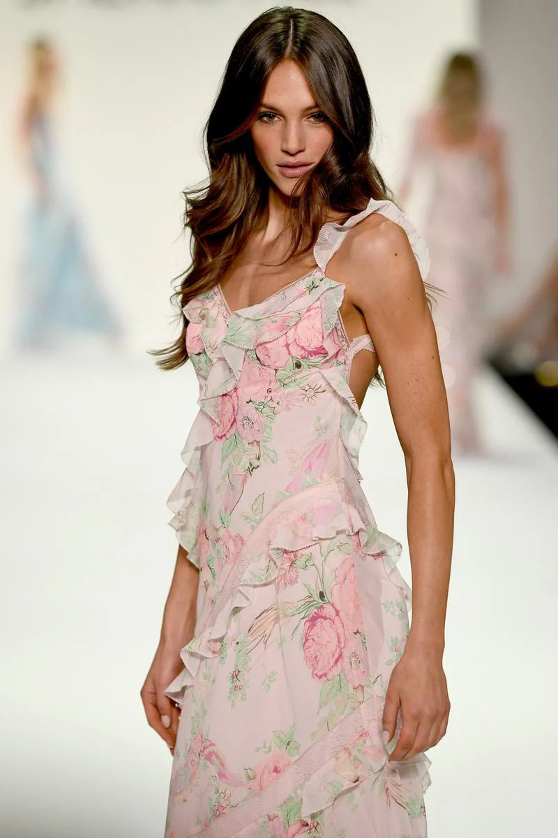 Blushing Pink Floral Tiered Ruffle Chiffon A-Line Floor-Length Gown