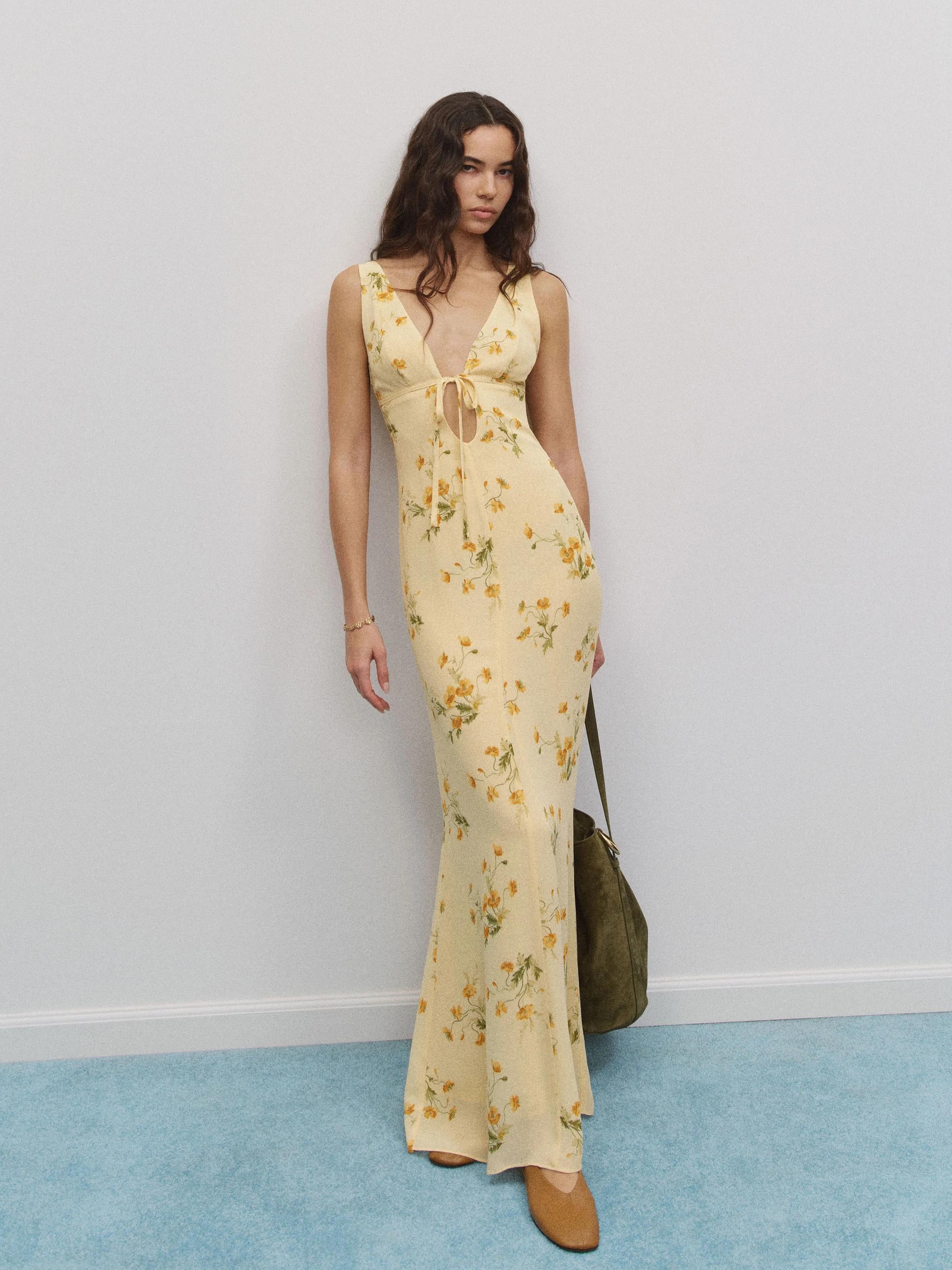 Romantic Floral Chiffon Mermaid Plunging V-Neck Sleeveless Tie-Front Cutout Floor-Length Prom Dresses