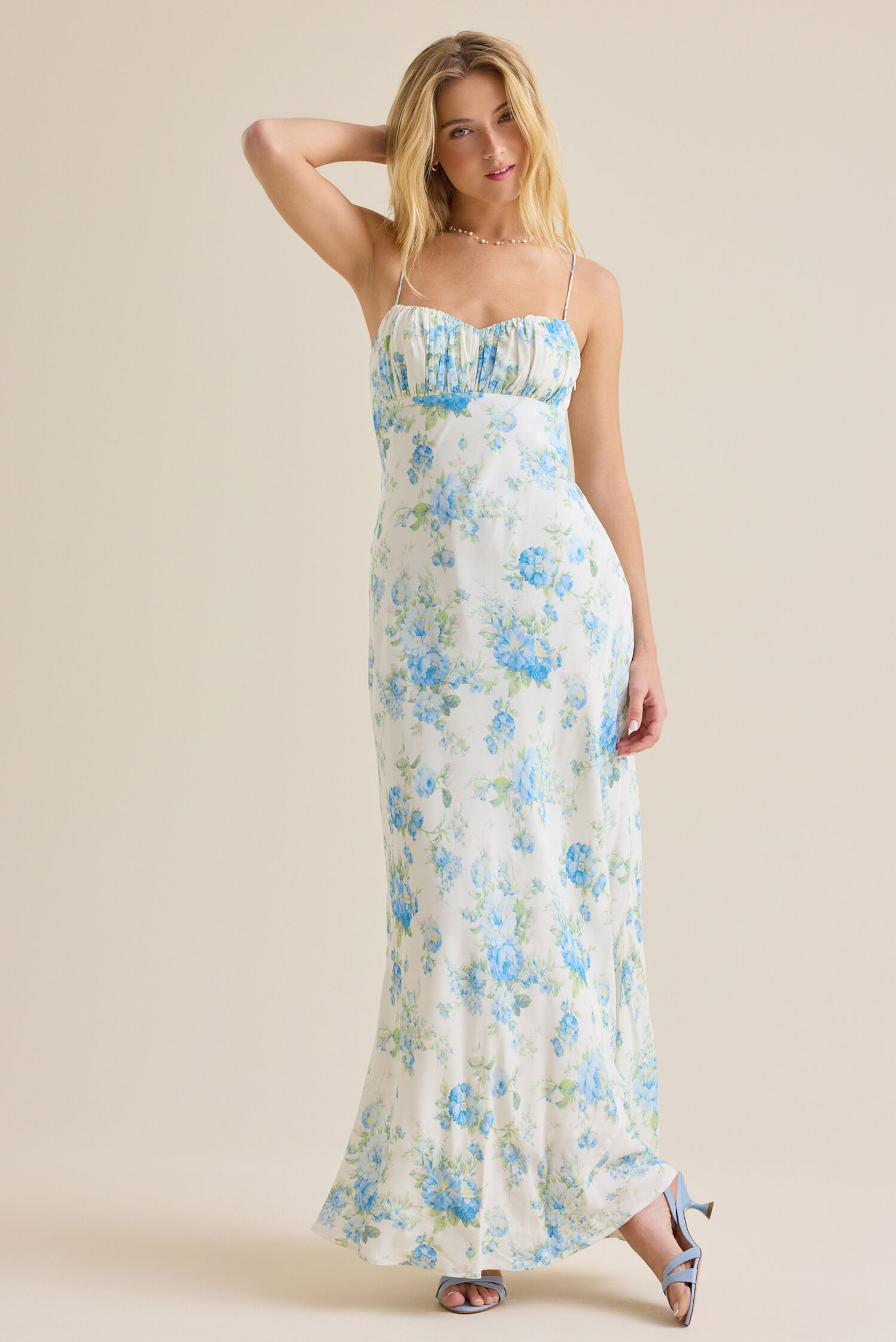 Romantic Floral Print Spaghetti-Strap Back-Bow Cutout A-Line Prom Dresses