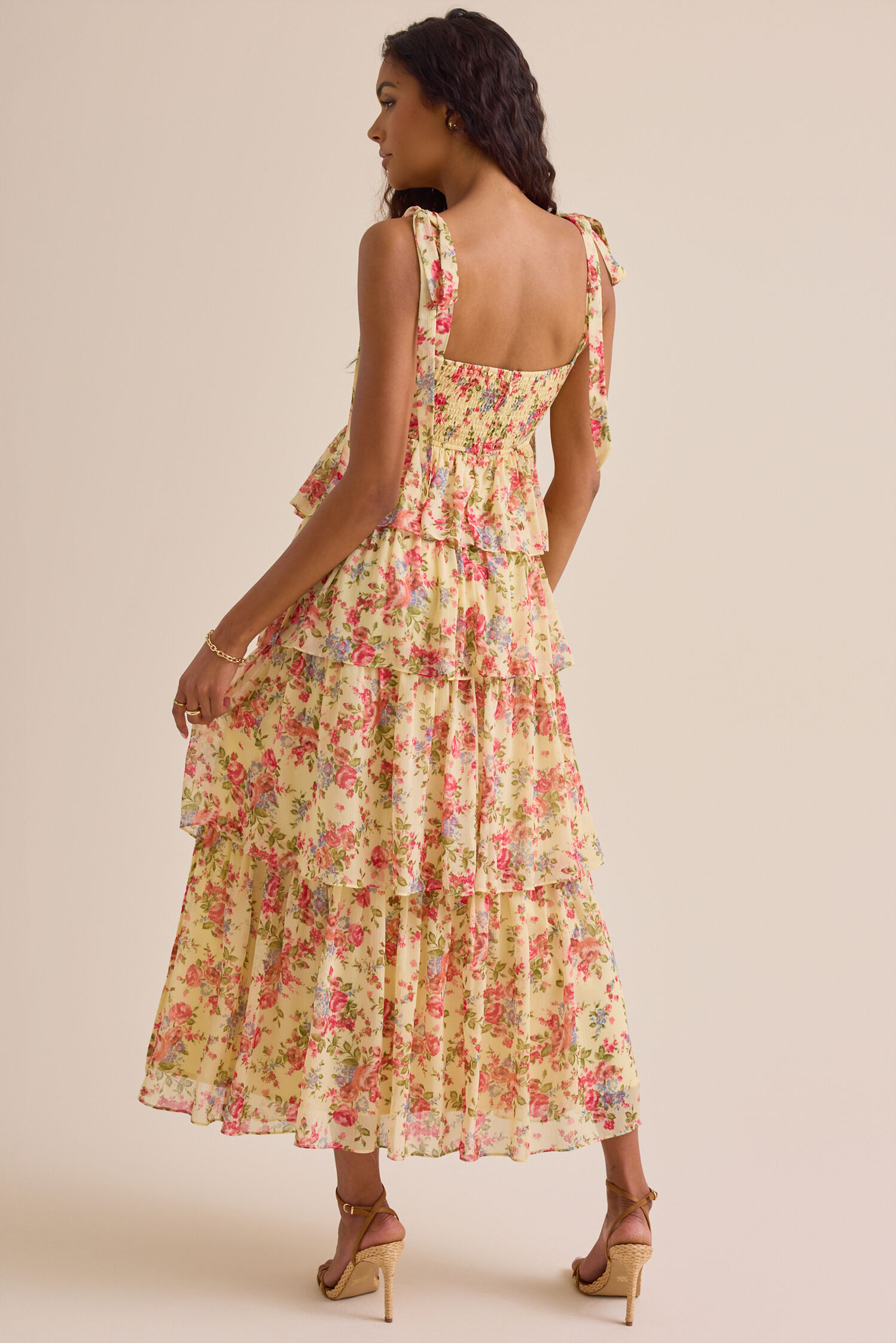 Romantic Floral Print Tiered Ruffle Tie-Shoulder Corset Prom Dresses