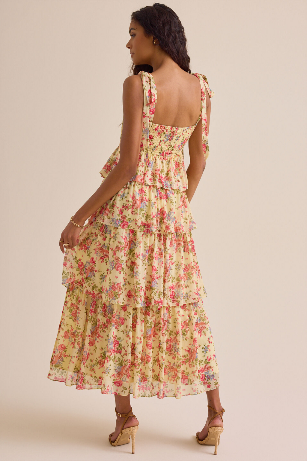 Yellow Chiffon A-Line Floor-Length Bridesmaid Dress with Tiered Skirt & Tie-Shoulder Straps