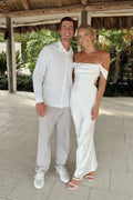 Ivory Satin Sheath/column Off-the-Shoulder Ankle-Length Bridesmaid Dress with Draped Neckline