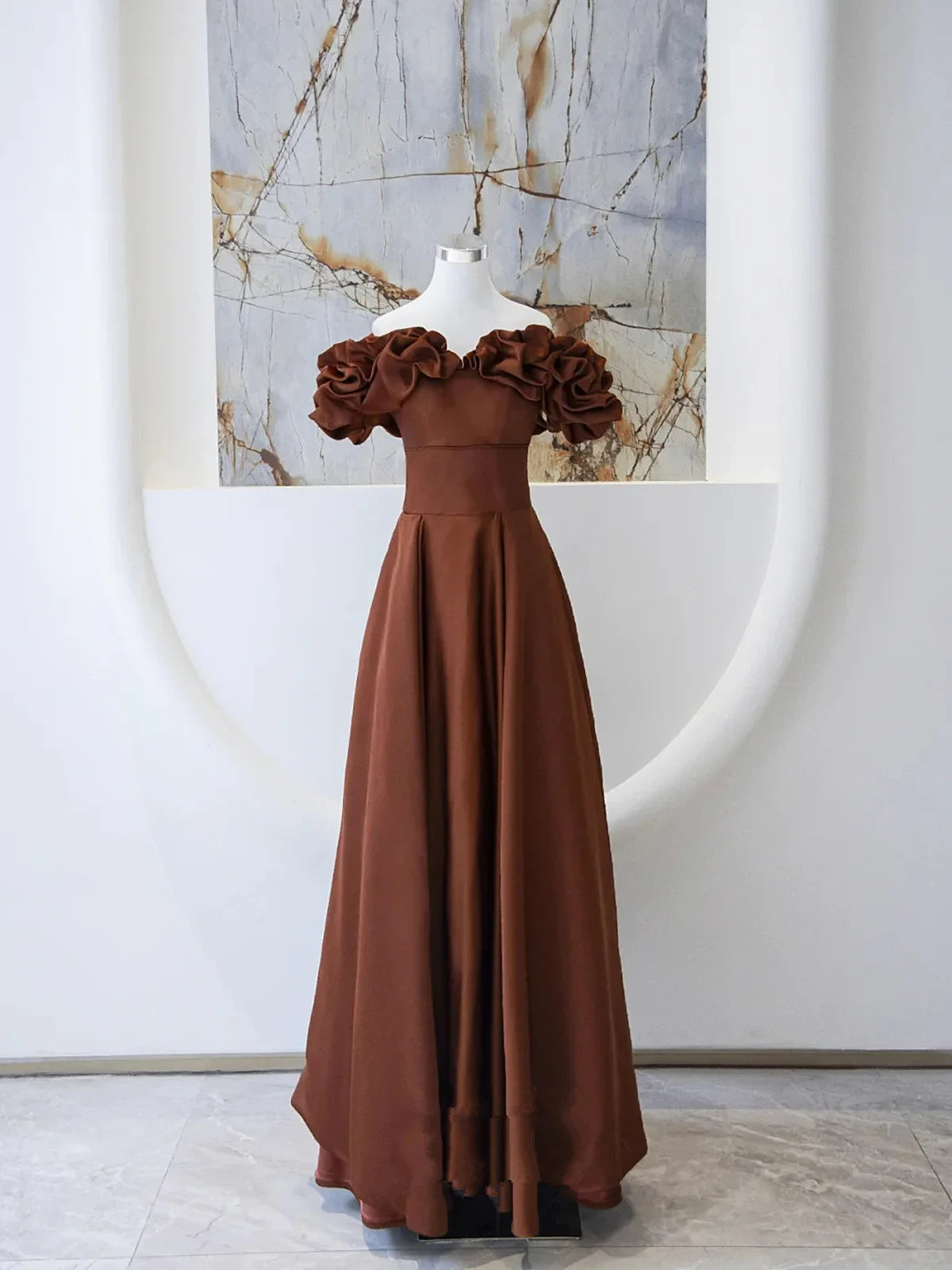 Romantic Satin A-Line Off-Shoulder Ruffled Short Sleeve Lace-Up Back Floor-Length Evening Dresses