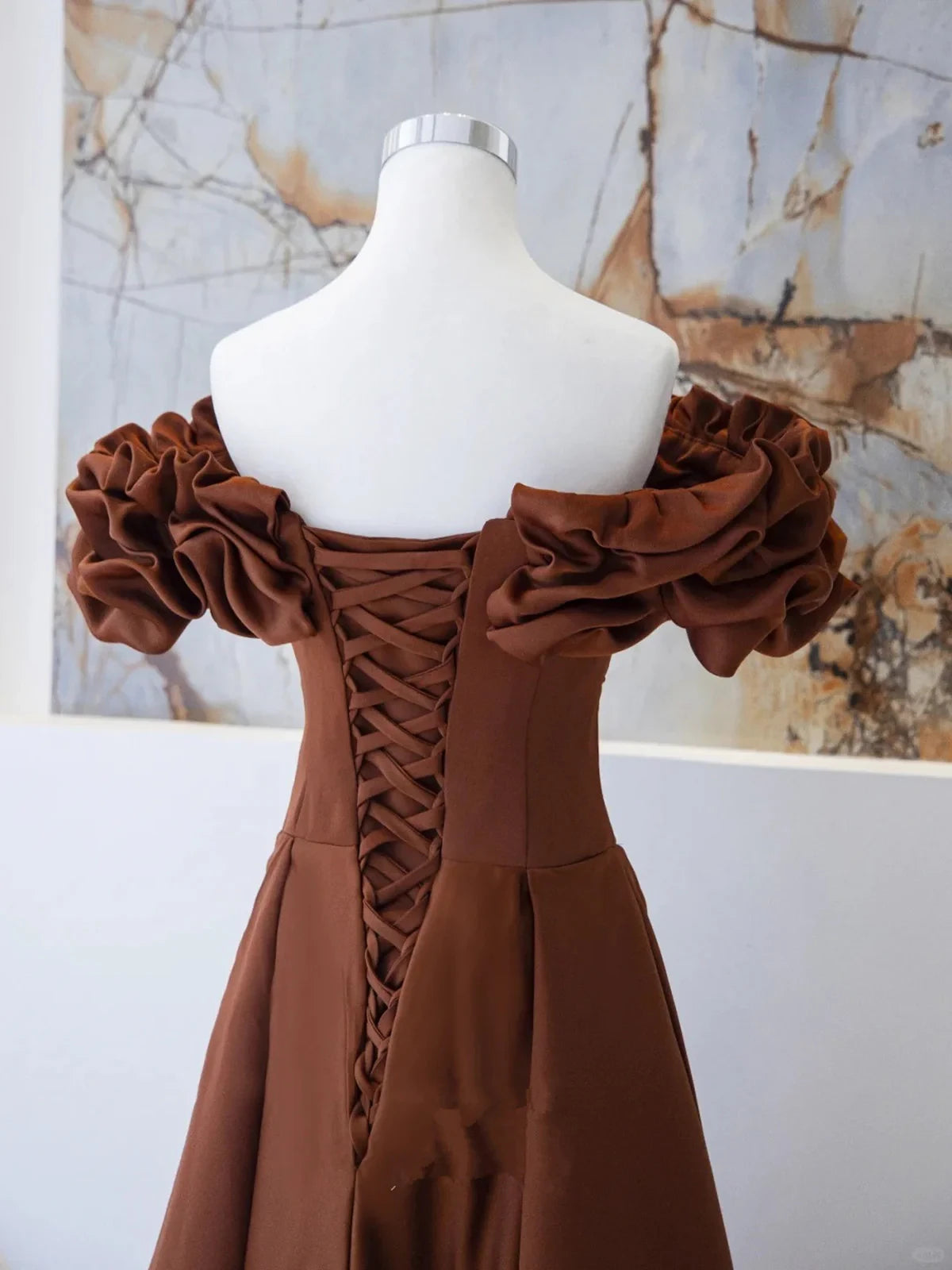 Romantic Satin A-Line Off-Shoulder Ruffled Short Sleeve Lace-Up Back Floor-Length Evening Dresses