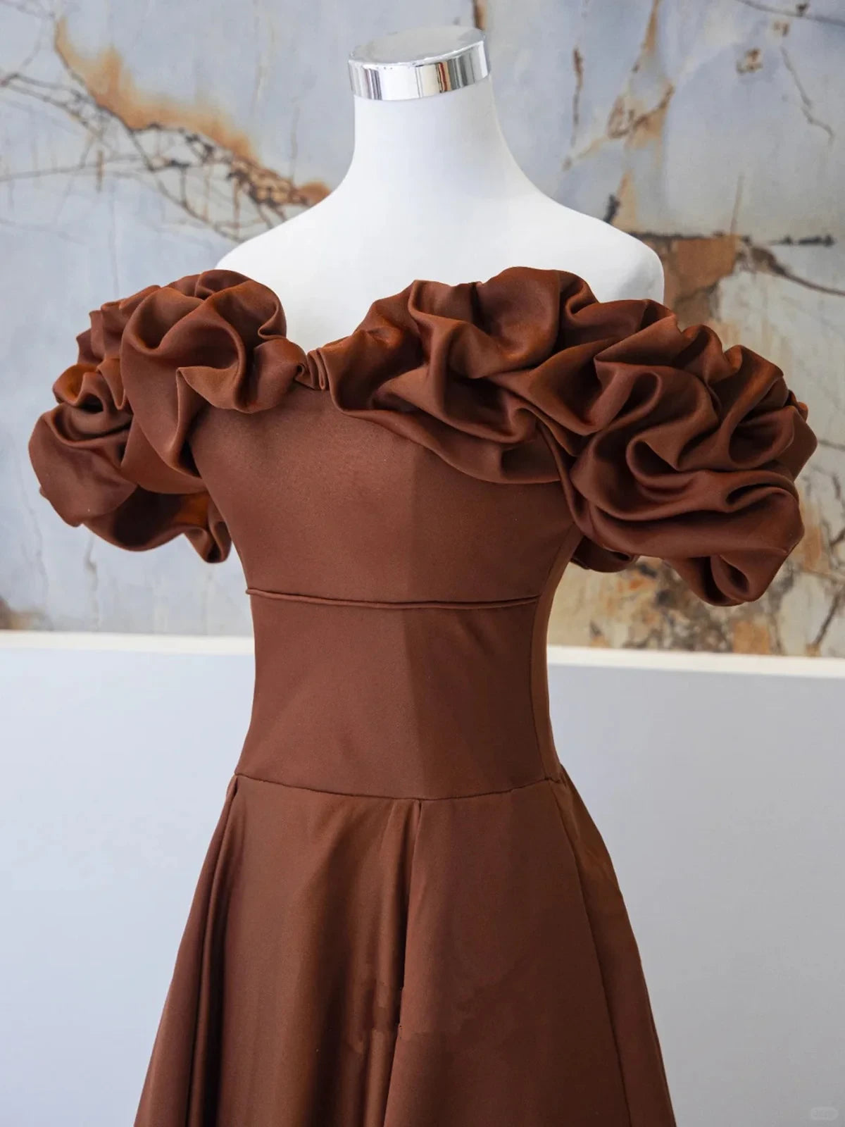 Romantic Satin A-Line Off-Shoulder Ruffled Short Sleeve Lace-Up Back Floor-Length Evening Dresses