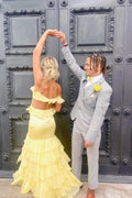 Yellow Satin Mermaid Floor-Length Dress with Straight Neck & Backless for Prom & Evening Parties