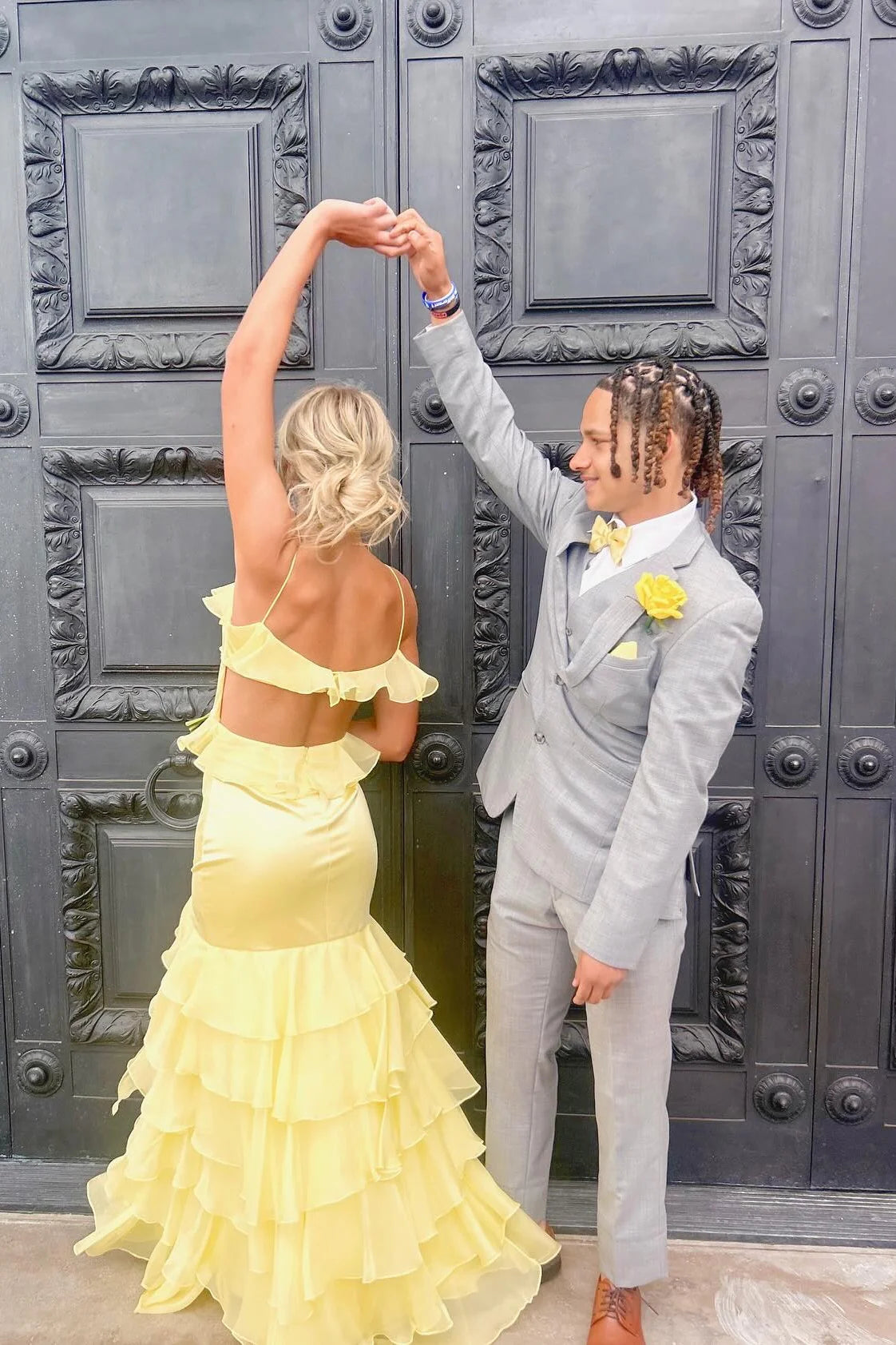 Yellow Satin Mermaid Floor-Length Dress with Straight Neck & Backless for Prom & Evening Parties