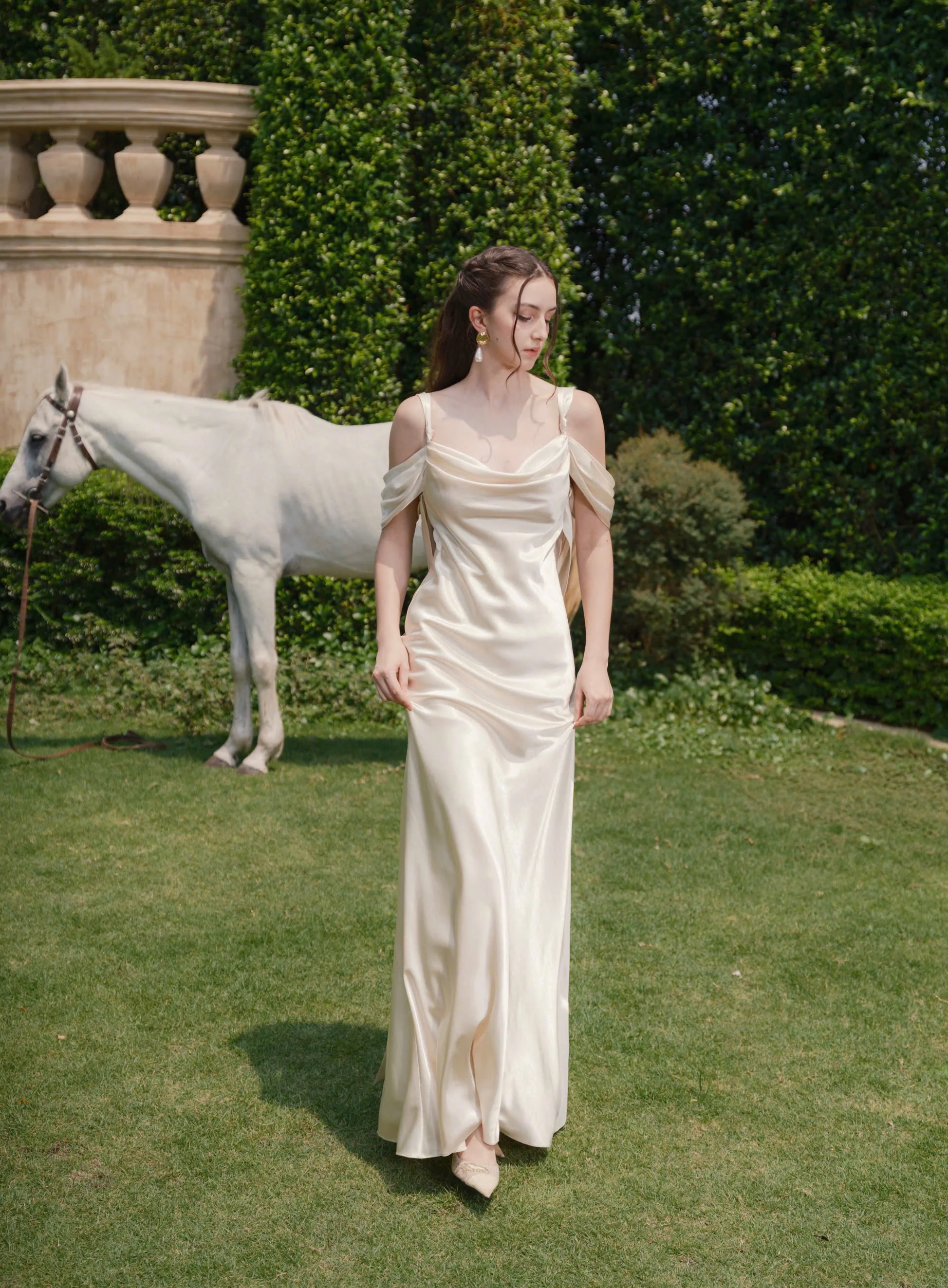 Romantic Slip Cowl Neck Cold-Shoulder Spaghetti-Straps Cowl-Back Floor-Length Satin Evening Dress