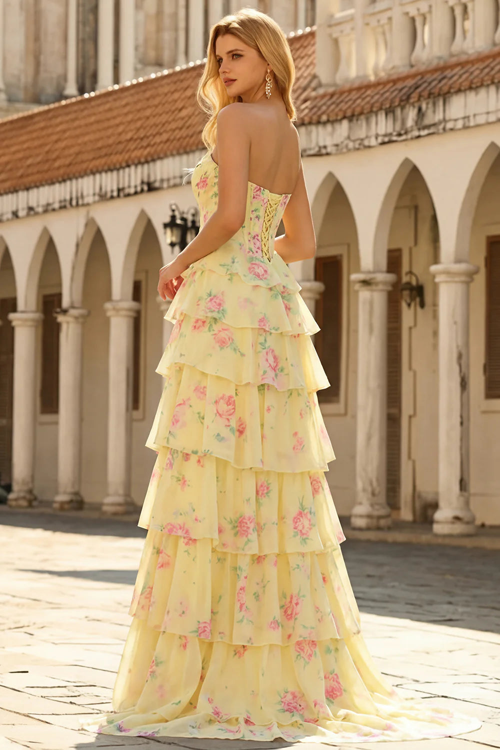 Romantic Strapless Floral Print Tiered Ruffle Prom Dress with High Slit