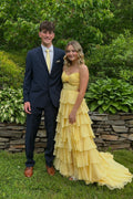 Yellow Chiffon Sweetheart Tiered Floor-Length Evening Dress