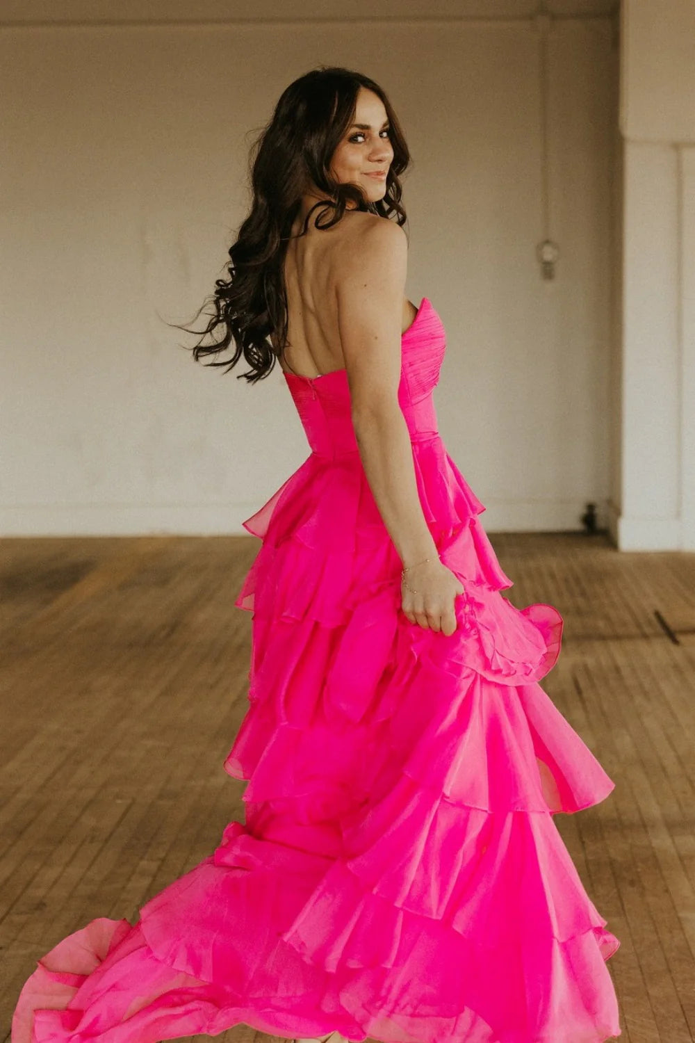Yellow Chiffon Sweetheart Tiered Floor-Length Evening Dress