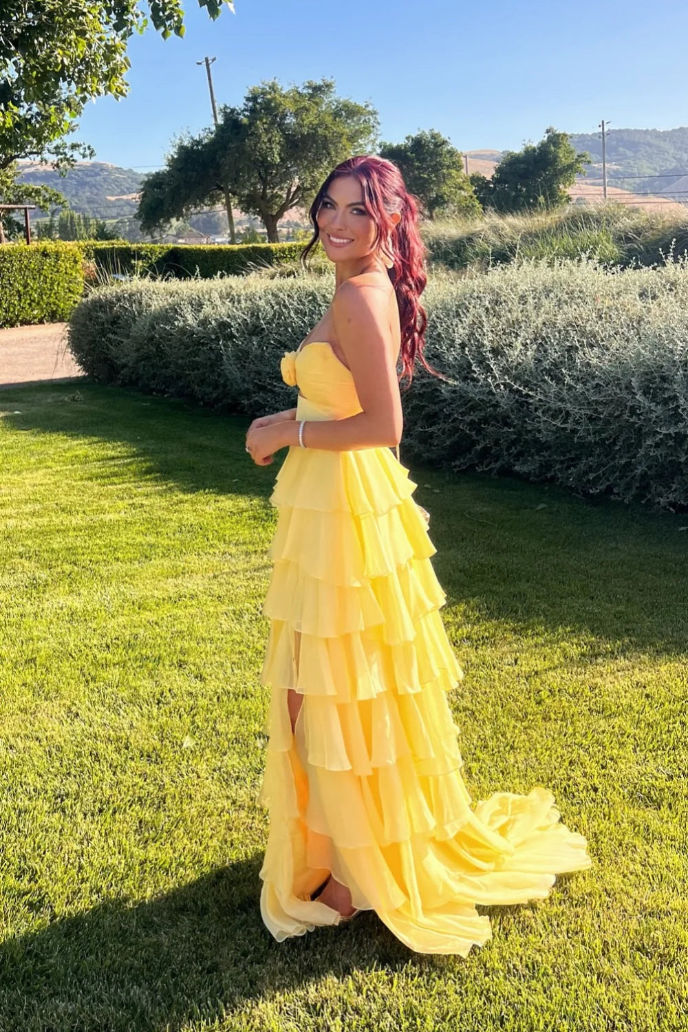 Yellow Chiffon Sweetheart Tiered Floor-Length Evening Dress