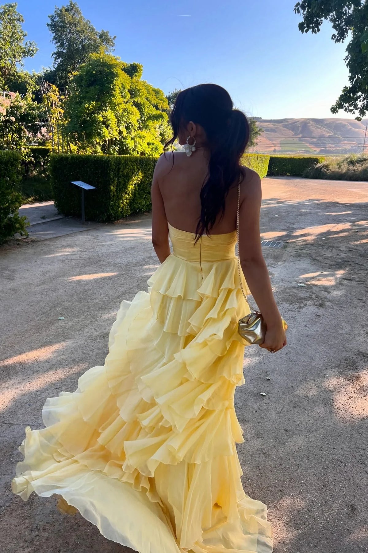 Yellow Chiffon Sweetheart Tiered Floor-Length Evening Dress