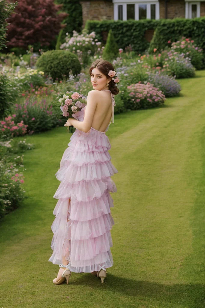 Romantic Tulle A-Line One-Shoulder Sleeveless Open Back Midi Asymmetrical Ruffled Evening Dresses