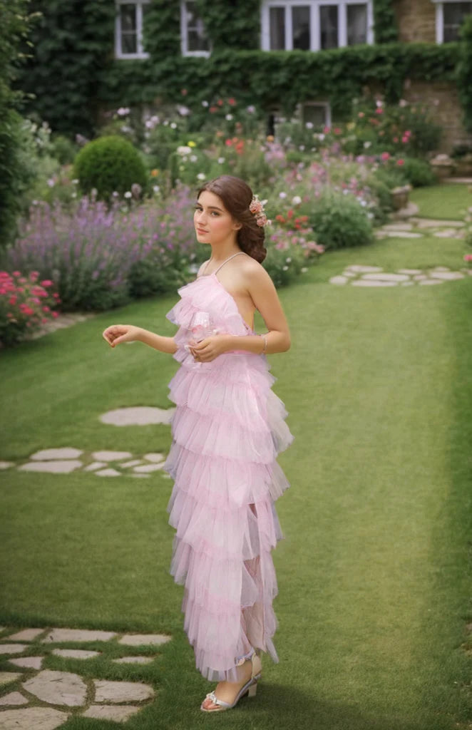 Romantic Tulle A-Line One-Shoulder Sleeveless Open Back Midi Asymmetrical Ruffled Evening Dresses
