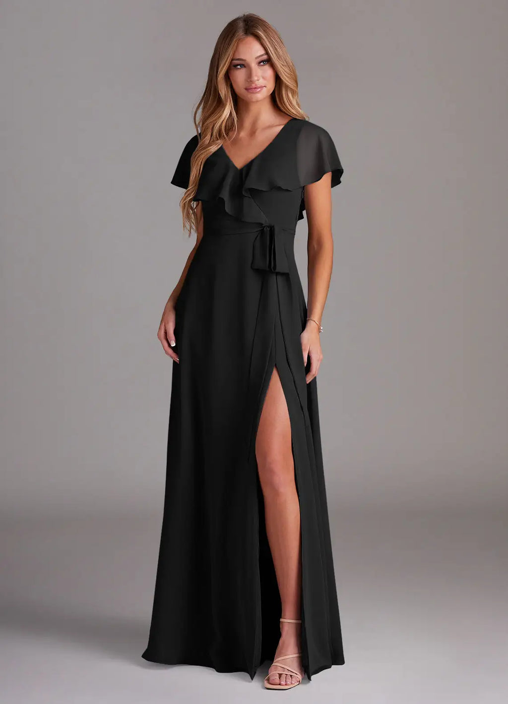 Black Chiffon A-Line Floor-Length Bridesmaid Dress with V-Neck & Ruffled Bodice