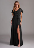 Black Chiffon A-Line Floor-Length Bridesmaid Dress with V-Neck & Ruffled Bodice