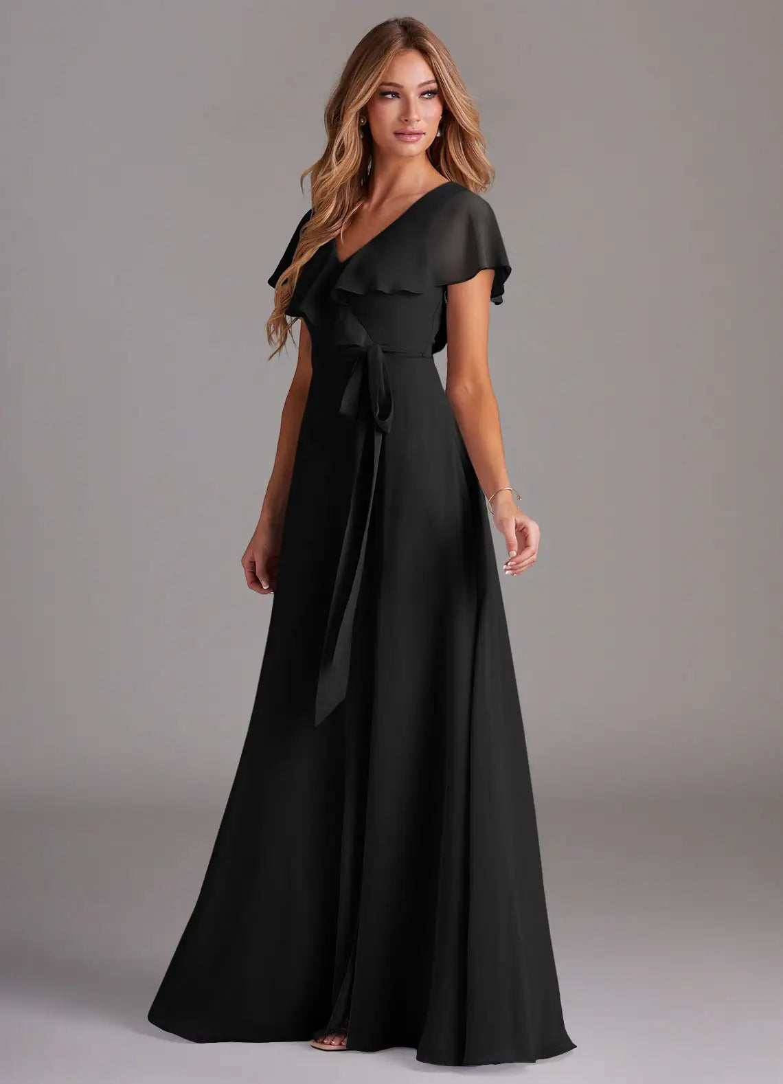 Black Chiffon A-Line Floor-Length Bridesmaid Dress with V-Neck & Ruffled Bodice