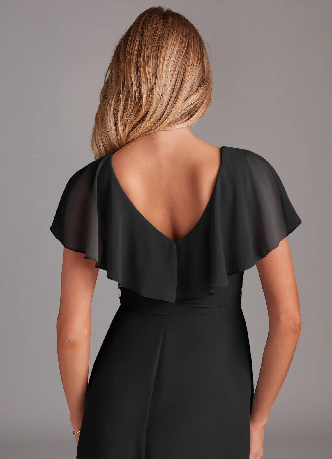 Black Chiffon A-Line Floor-Length Bridesmaid Dress with V-Neck & Ruffled Bodice