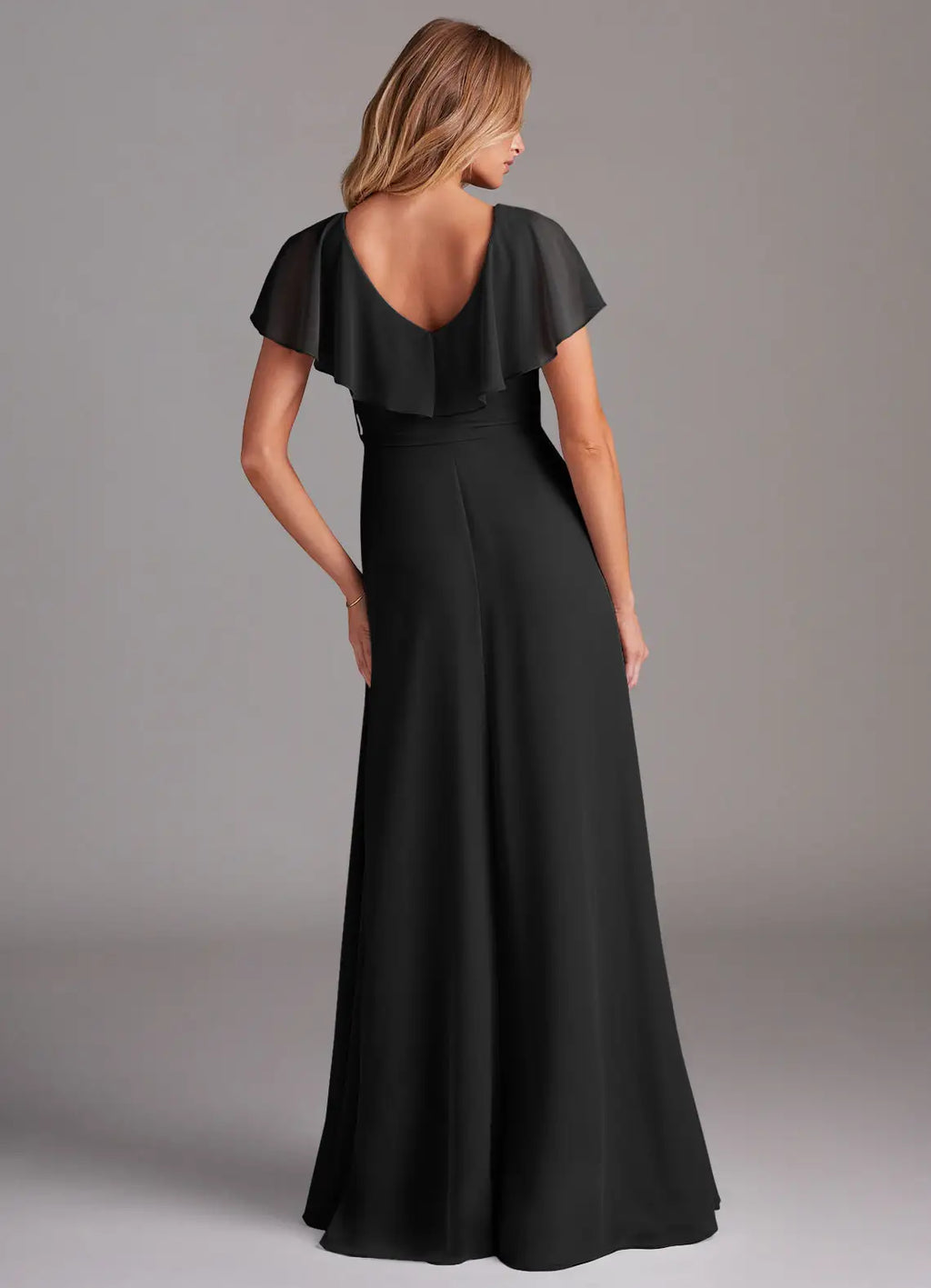 Black Chiffon A-Line Floor-Length Bridesmaid Dress with V-Neck & Ruffled Bodice