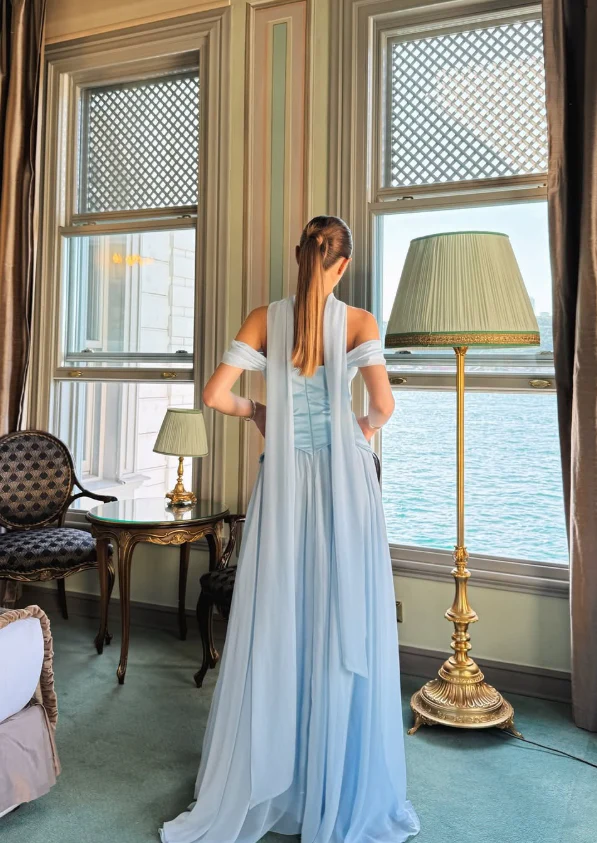 Romantic flowy A-line off-shoulder draped choker short-sleeve floor-length evening dress