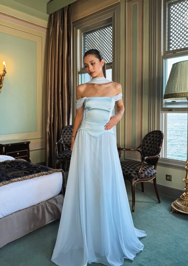 Romantic flowy A-line off-shoulder draped choker short-sleeve floor-length evening dress