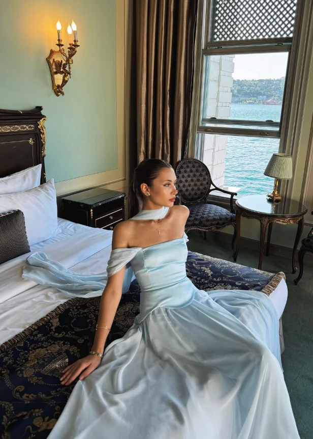 Romantic flowy A-line off-shoulder draped choker short-sleeve floor-length evening dress