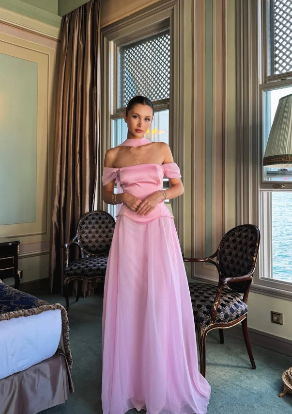 Romantic flowy A-line off-shoulder draped choker short-sleeve floor-length evening dress
