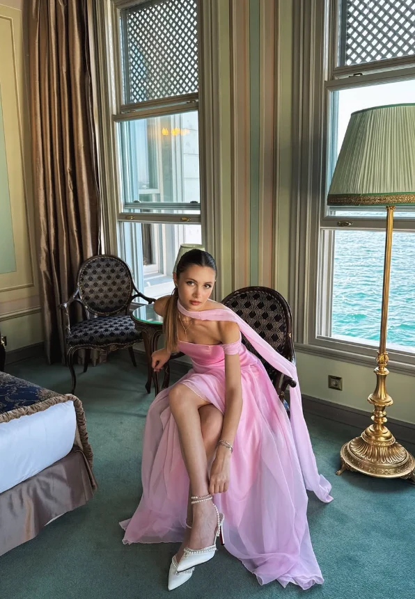 Romantic flowy A-line off-shoulder draped choker short-sleeve floor-length evening dress