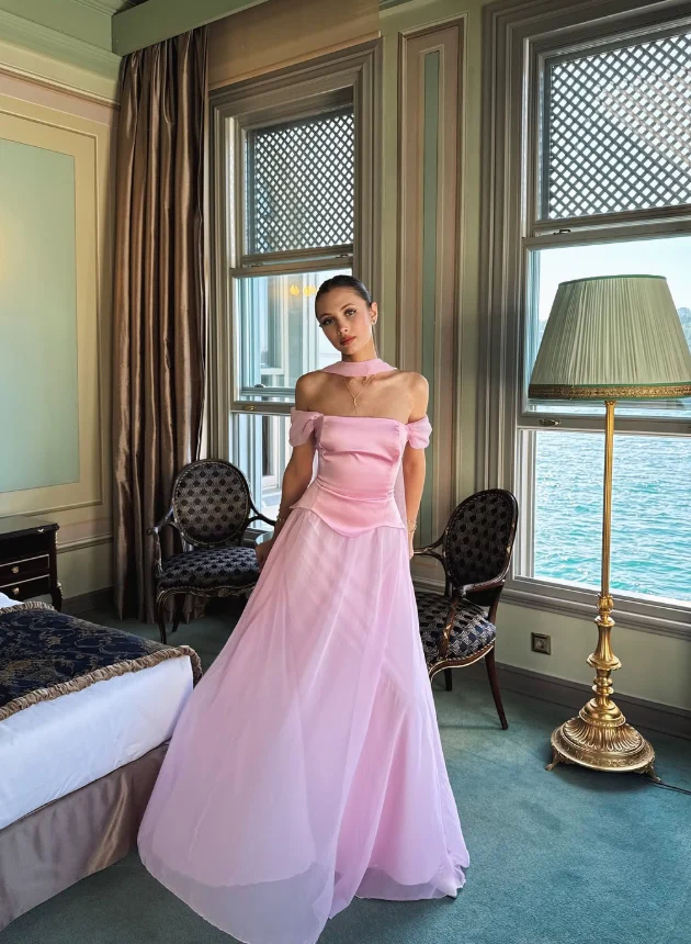 Romantic flowy A-line off-shoulder draped choker short-sleeve floor-length evening dress