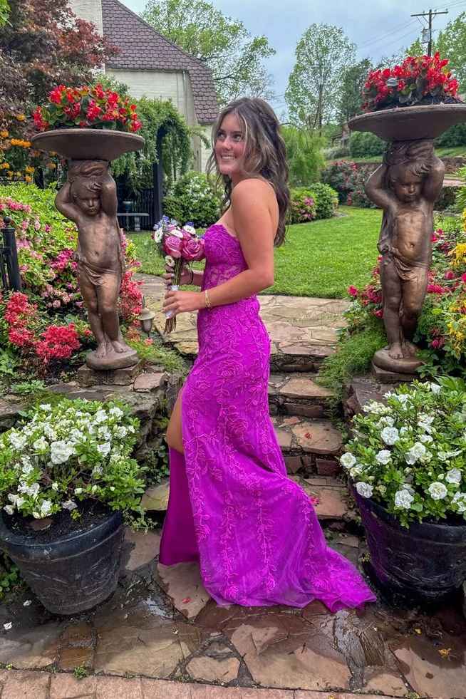 Romantic tulle mermaid strapless sweetheart neck open back floor length prom dress with floral lace applique and high slit
