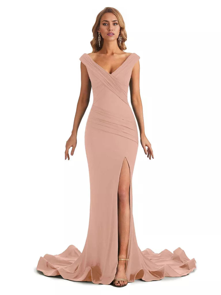 Vestido de dama de honor largo, formal, sin mangas, con escote en V y hombros descubiertos, de estilo sirena y sexy