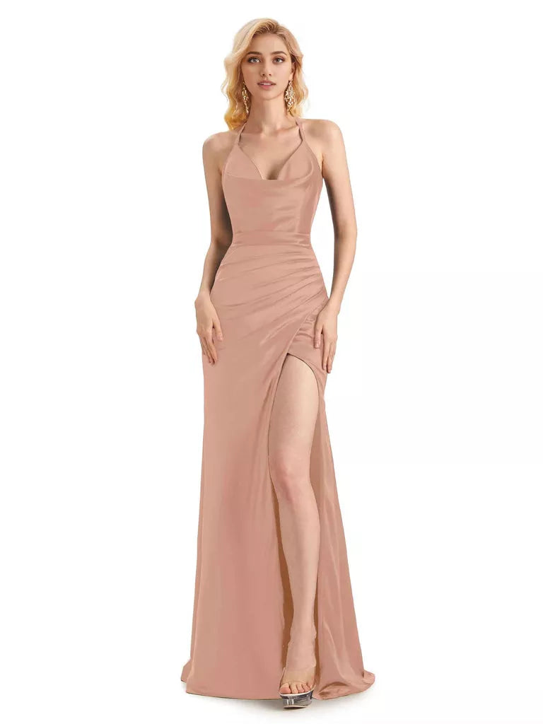 Vestidos de dama de honor largos de sirena con escote halter de satén suave y abertura lateral sexy para invitada de boda