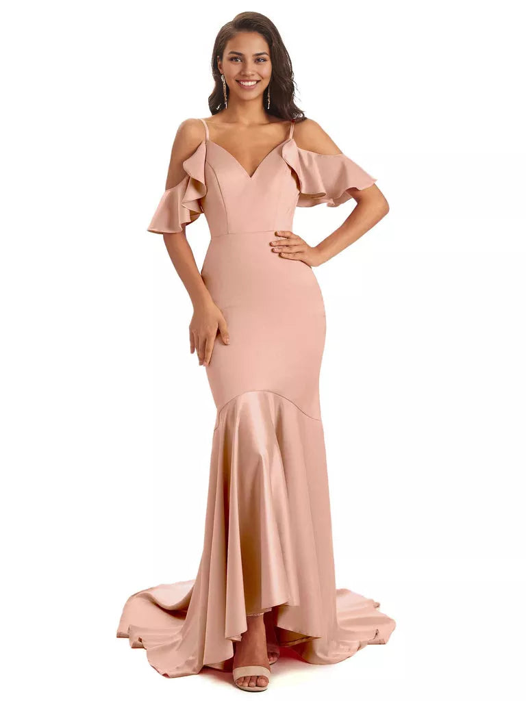 Soft Satin Asymmetric Spaghetti Straps Sleeveless Mermaid Cold Shoulder Bridesmaid Dresses