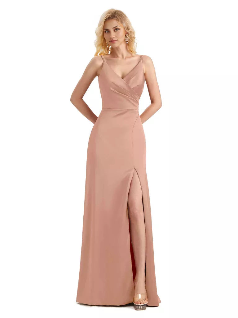 Vestido de dama de honor largo, formal, cruzado, sin mangas, con escote en V y abertura lateral de satén suave y sencillo