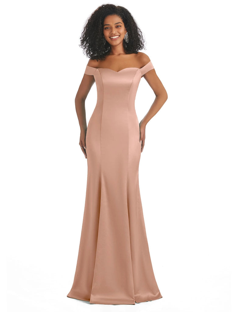 Vestidos de dama de honor largos, sencillos, de satén suave, sin mangas y con hombros descubiertos, de corte sirena