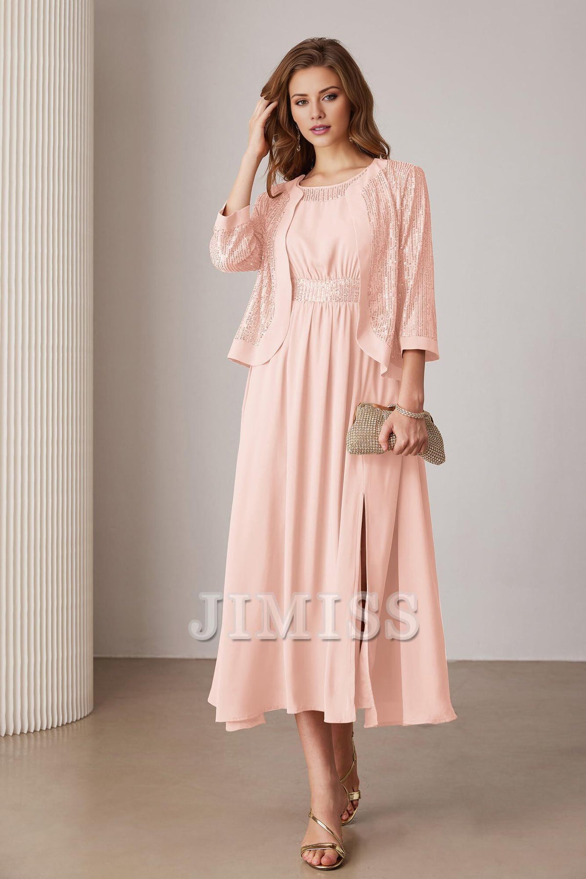 Black Chiffon A-Line Midi Evening Dress with Square Neck & Sequin Jacket