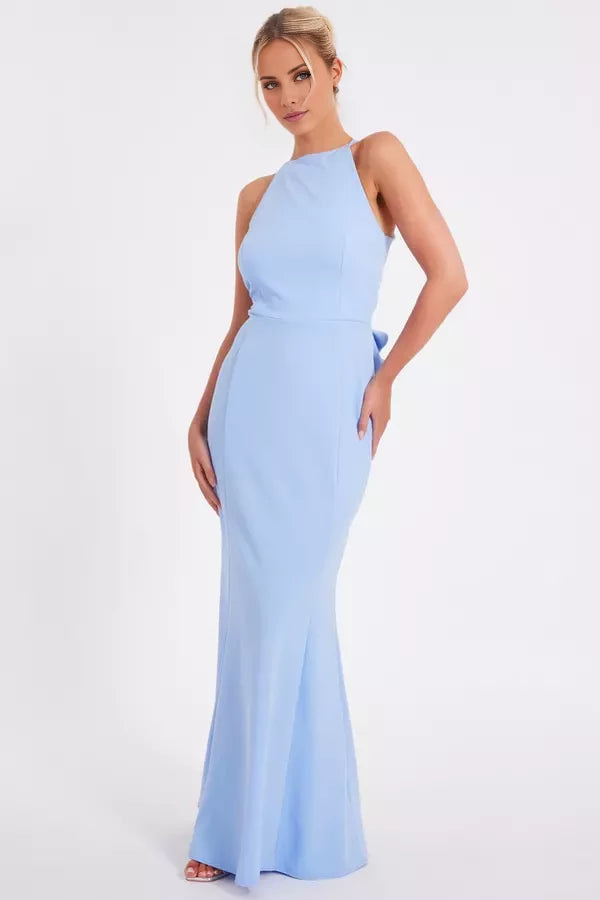 Vestido de fiesta largo hasta el suelo, con escote redondo, hombros descubiertos, sin mangas, espalda de mariposa condensada y espalda abierta. 