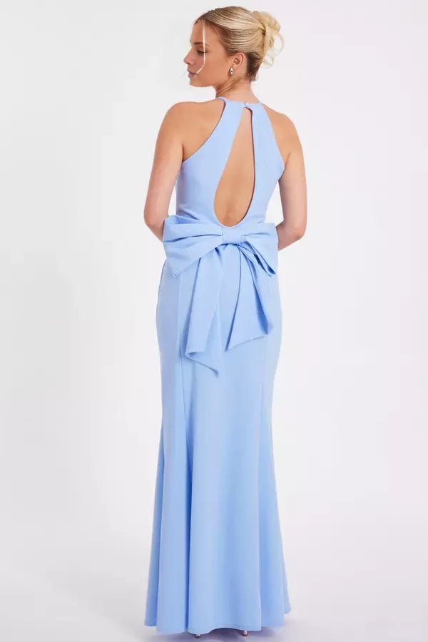 Vestido de fiesta largo hasta el suelo, con escote redondo, hombros descubiertos, sin mangas, espalda de mariposa condensada y espalda abierta. 