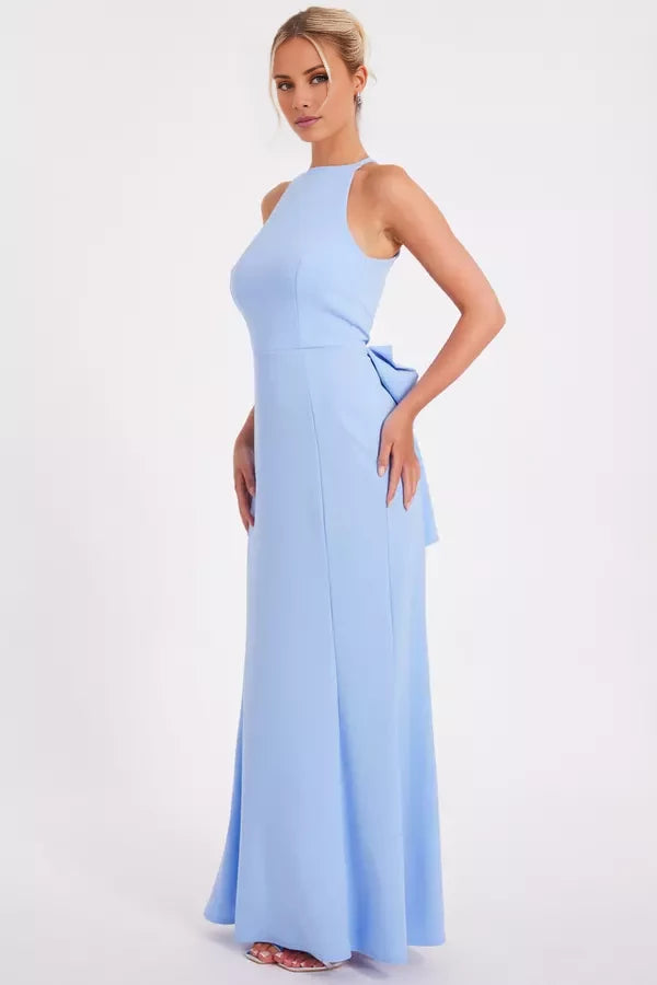 Vestido de fiesta largo hasta el suelo, con escote redondo, hombros descubiertos, sin mangas, espalda de mariposa condensada y espalda abierta. 