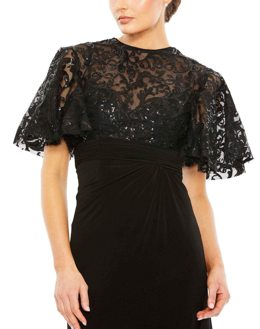 Black Chiffon Sheath/column Floor-Length Dress with Lace Capelet Bodice and Draped Waist