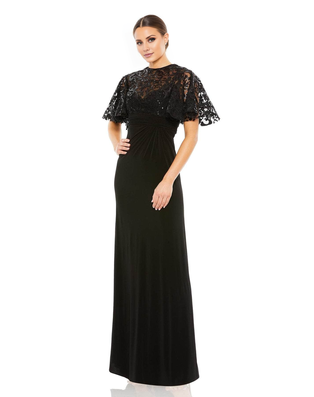 Black Chiffon Sheath/column Floor-Length Dress with Lace Capelet Bodice and Draped Waist